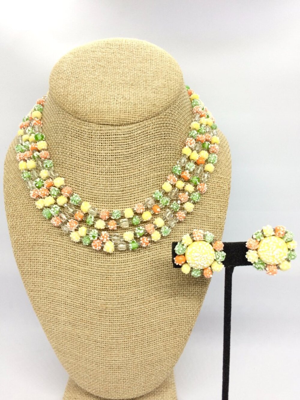VINTAGE GLASS SUGAR Bead Fruit Salad Necklace Clip Earrings Japan Set Signed